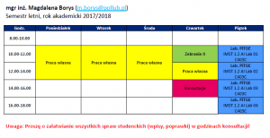 Magdalena Borys - plan zajęć - sem. zimowy 2017/2018